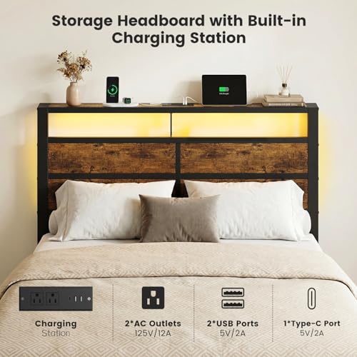 Image of Full Size Metal Bed Frame with Storage Headboard, LED Lights