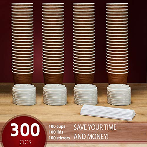 Insulated Disposable Coffee Cups with Lids & Straws 12 oz, 100 Packs - Paper Cups for Hot Beverage Drinks To Go Tea Coffee Home Office Car Coffee Shop Party (Brown) - Thumbnail 6