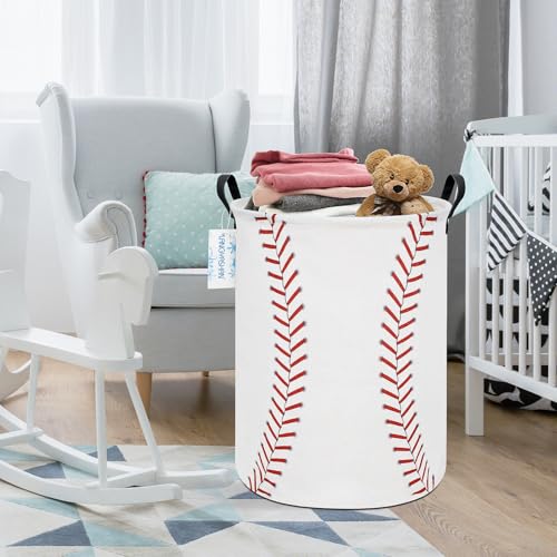 Image of Round Laundry Basket Collapsible Storage Hamper Organizer Red Baseball | Waterproof Canvas Foldable Baskets with sturdy Handles Multi-scene Organizer for Home Play Bedroom Gift Bin