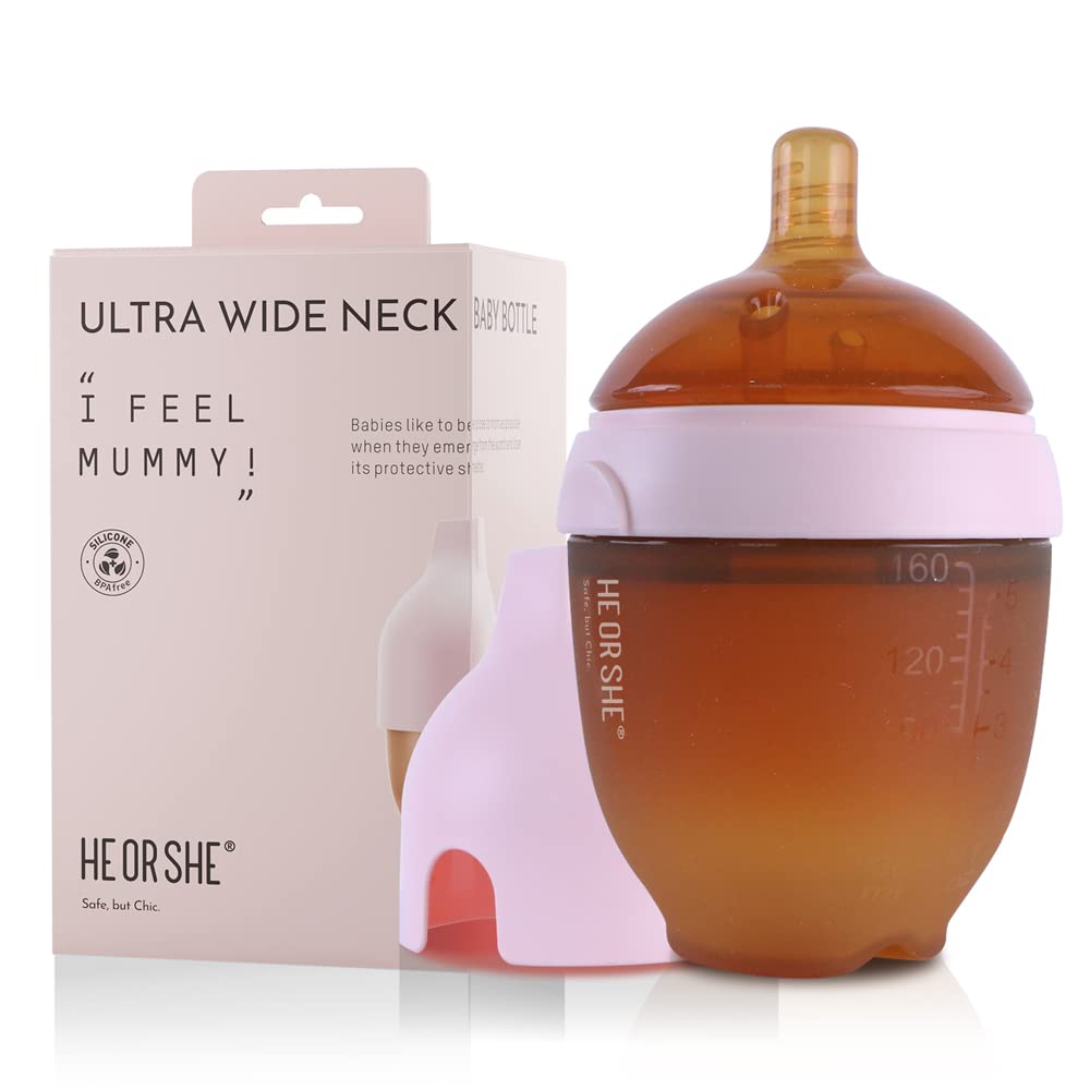 HE OR SHE Silicone Baby Bottle - Anti Colic Bottles - 5oz Baby Bottles - Squishy Breast Feeding Bottle - Wide Neck Easy to Assemble and Clean with Pink Dust Cover