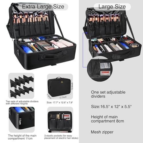 Image of Relavel Extra Large Makeup Case, Makeup Artist Set Bag Professional Cosmetic Organizer Bag Storage Box with Makeup Brush Holder, Adjustable Dividers and Shoulder Strap, Black