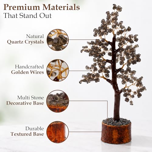 Image of Smoky Quartz Gemstone Tree Decor for Home & Office | Healing Crystal Bonsai Tree with Wooden Base | Vastu Feng Shui Protection, Grounding & Positive Energy Showpiece