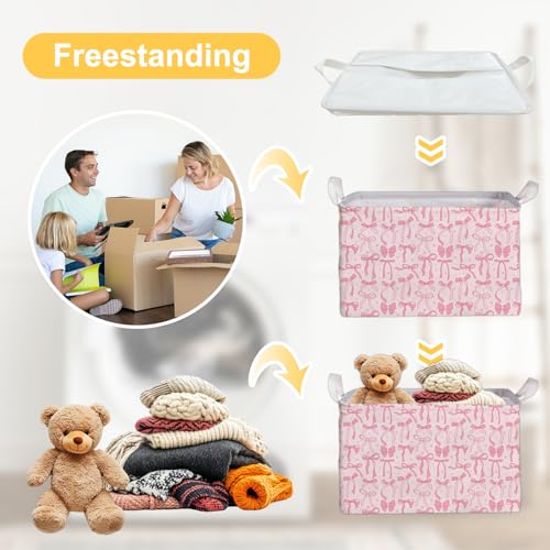 Image of Pink Bow Foldable Storage Bins, Waterproof Toy and Clothes Organizer for Nursery Room, Pink Cute Decorative Fabric Basket for Girls Bedroom, Foldable Gift Box for Game Room, Bow Party Decor