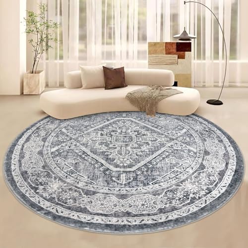 KUTA Oriental Round Rugs 6ft, Grey Circle Rug Washable 6ft, Non-Slip Printed Vintage Medallion Carpet for Living Room Dining Kitchen Indoor Entryway