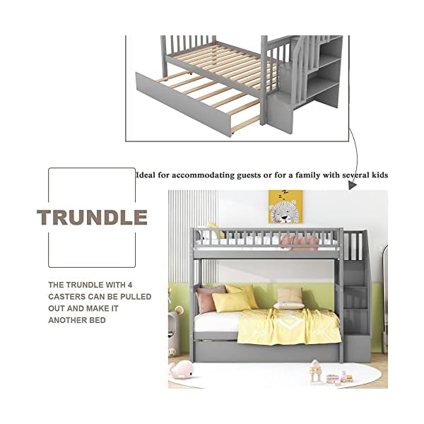 Citylight bunk beds twin over twin sizewood bunk bed with stairs and trundlestairway bunk beds with storage shelves for kids teens girls boysno box spring needed grey  urban country home decor