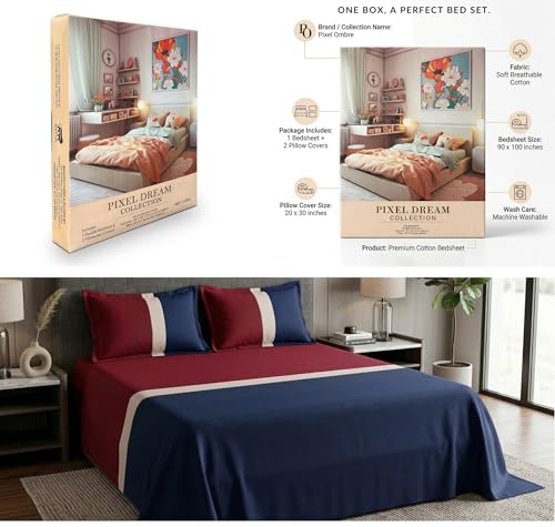 Image of VAS COLLECTIONS Premium Cotton Bedsheet for Double Bed with 2 Pillow Covers - Soft, Breathable & Wrinkle Resistant Cotton Bedding Set, King Size Bed Sheet 90 x 100 Inches (Navy Red)