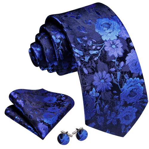 Image of Barry.Wang Flower Ties for Men Silk Woven Floral Tie Sets Necktie Handkerchief Cufflinks Wedding Party