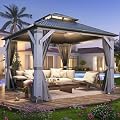 Howsvn 10x10FT Hardtop Wood Gazebo, Outdoor Gazebo with Cedar Wooden Pillar & Double Metal Roof - Weather-Resistant Gazebos Pavilion for Patio, Garden, Backyard (w/Netting & Gray Curtains)
