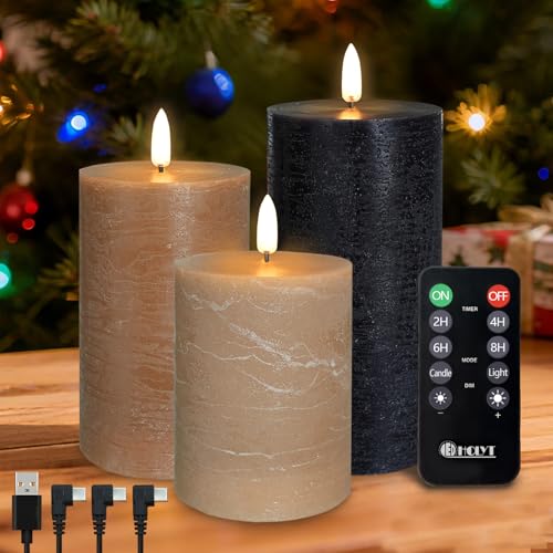 Image of LEDHOLYT Rechargeable Flameless LED Pillar Candles-Luminous Real Wax Indoor Home Decor-Set of 3, Realistic Flickering LED Flame,Remote & Timer, USB-Rechargeable(Caramel Beige)