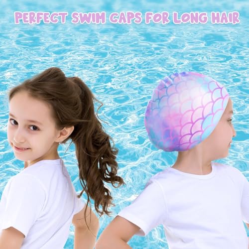 Image of Girls Unicorn Swim Cap and Goggles Set Toddler Waterproof Bathing Pool Swimming Caps Comfortable Kids Mermaid Unicorn Swimming Hats for Long and Short Hair (Mermaid Set)