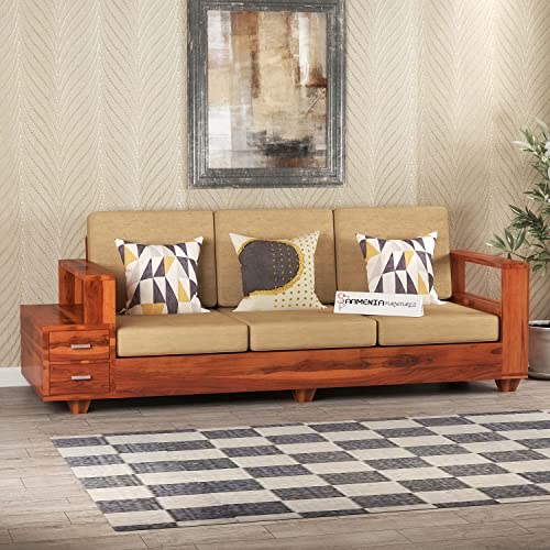 Image of Sheesham Wood 3 Seater Sofa | 3 Seater Sofa with 2 Drawer Storage | Wooden Sofa Set Furniture for Living Room Home Office (Honey)