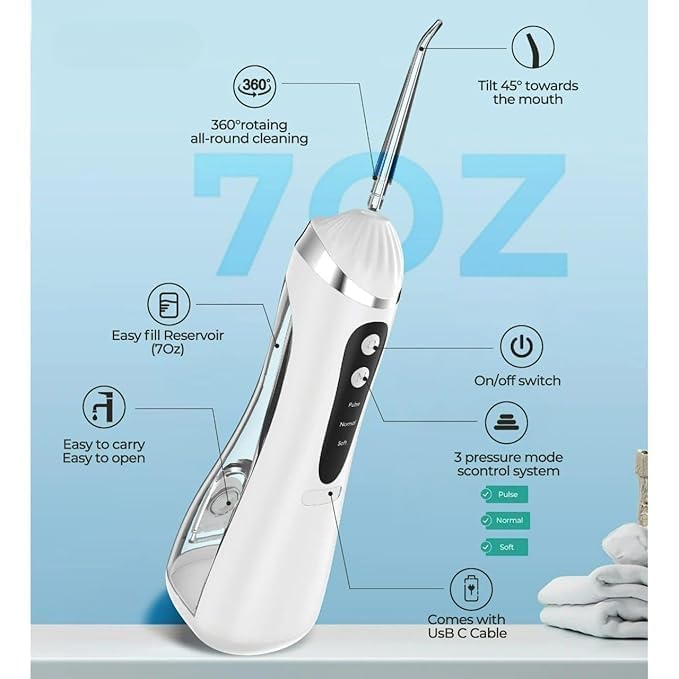 Image of Portable Water Flosser for Teeth Cleaning | Cordless Oral Irrigator with 3 Pressure Modes, 4 Jet Tips, 200ml Water Tank, IPX7 Waterproof, Rechargeable Dental Cleaner for Travel & Home