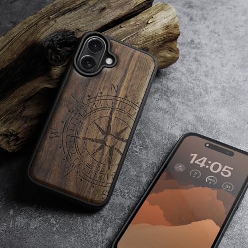 Image of Carveit Wood Case for iPhone 16 Plus, The Incomplete Compass, Walnut | Magnetic iPhone 16 Plus Case Compatible with MagSafe Wireless Chargers, Engraved Wood with Soft TPU Shockproof Bumper