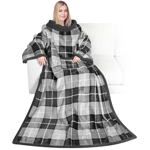 PAVILIA Wearable Blanket with Sleeves & Pocket for Women & Men Soft Fleece Snuggle Throw with Sherpa Trim Cozy TV Couch Robe Gift Ideas for Mom & Wife Plaid Gray