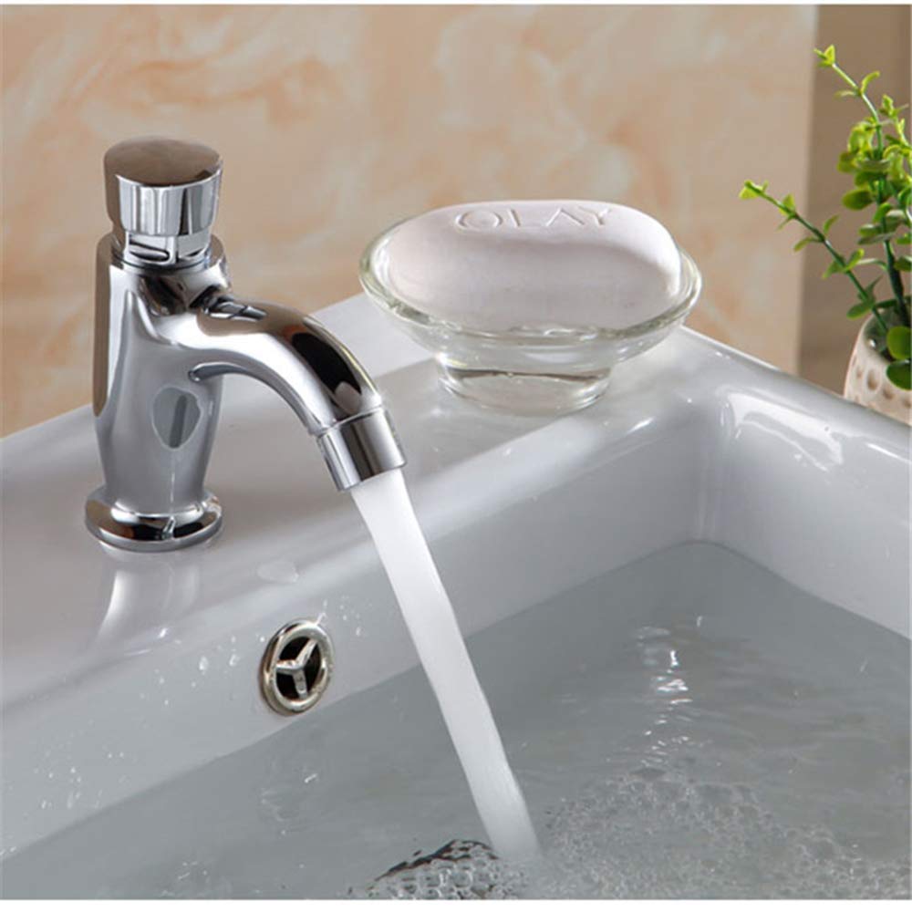 ZQFHSX Bathroom Lavatory Cold Water Brass Faucet Automatic Closing Saving Tap, Chrome LWX