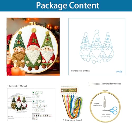 Image of Zhenqing 3 Gnomes Embroidery Kit for Beginners - 29x29cm Printed Fabric, Hoop & Full Tools Included (C0028)