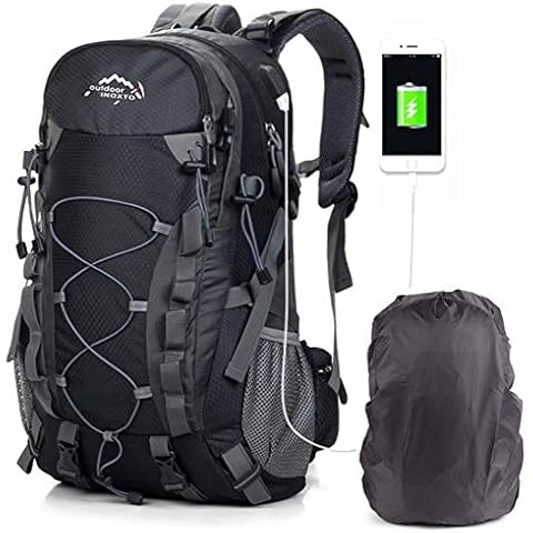 A AM SeaBlue Hiking Backpack 40L Trekking Rucksack For Mens Women Mountaineering Travel Outdoor Waterproof Large Capacity USB Laptop Bag For Climbing Camping Hunting Skiing with Rain Cover Black Cover