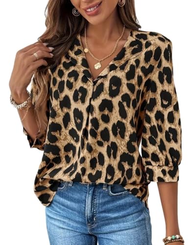 CHARTOU Women Summer Leopard Shirt Casual Loose Collared V Neck 3/4 Sleeve Tunic Top