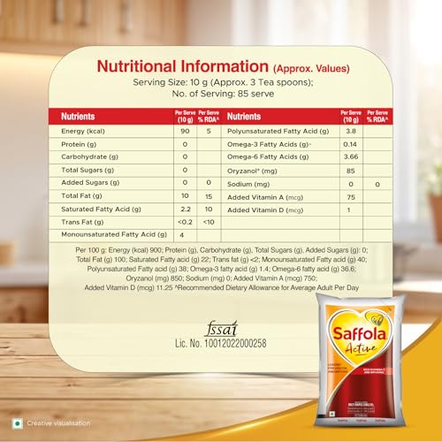 Image of Saffola Active Refined Cooking oil | Rich in Omega 3 & Oryzanol | Multi-Source Edible Rice Bran & Soyabean oil | 930ml / 850g pouch (Weight May Vary)
