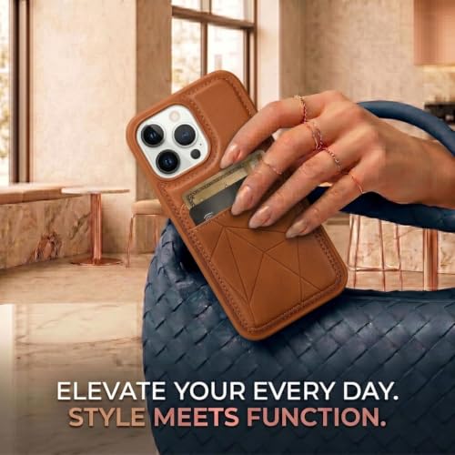 Image of amazon basics Premium Vegan Leather Back Cover with Card Holder and Integrated Mobile Stand for iPhone 12 Pro Max - Slim Shockproof Wallet Case with Geometric Stitching [Tan]