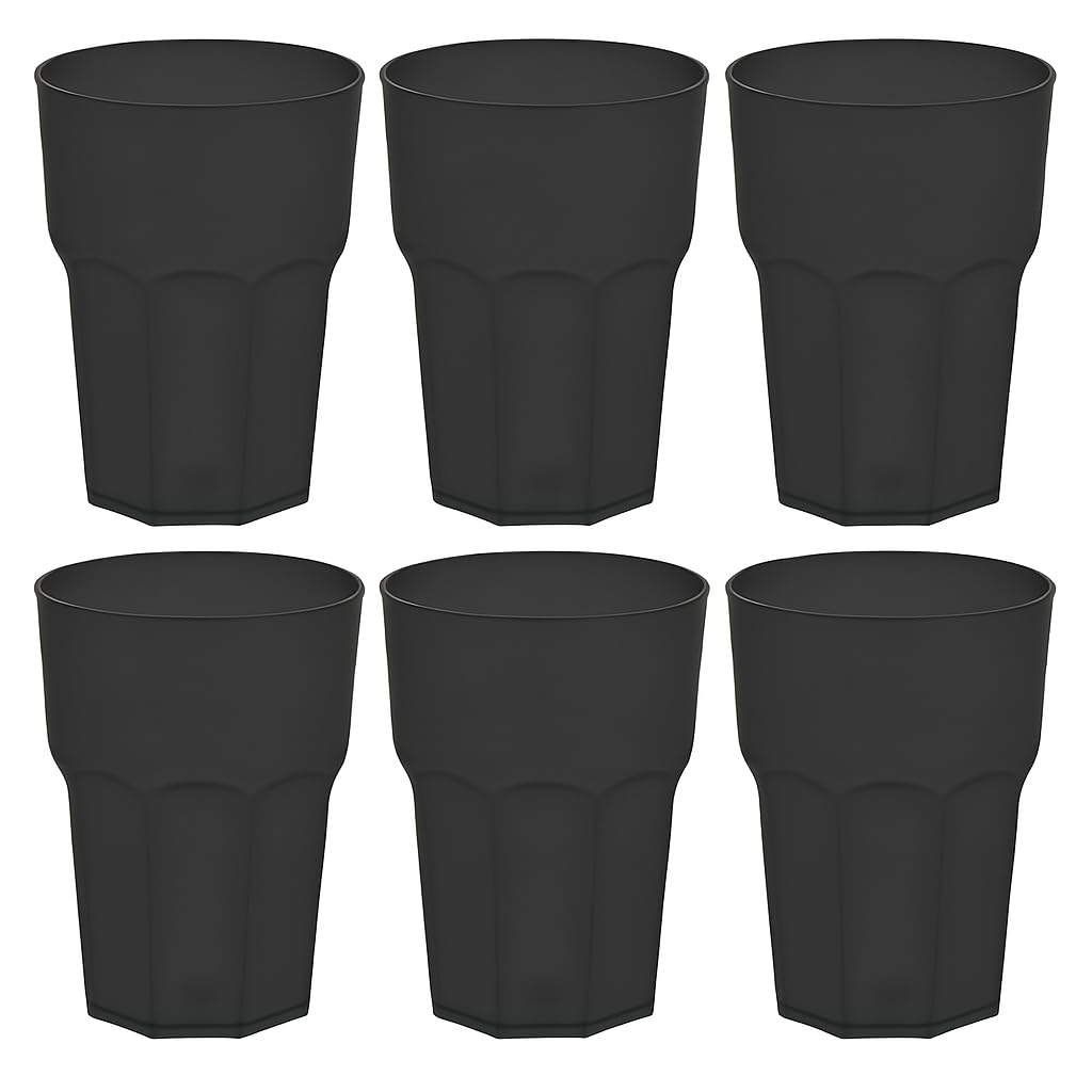 6 x GLASSY CUP 480 ml nero trasparente – bicchieri in plastica infrangibile effetto vetro, senza BPA, lavabili in lavastoviglie, riutilizzabili, ideali per cocktail, caipi, feste, campeggio e attività