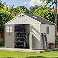 Patiowell 10 x 8 FT Outdoor Storage Shed, Plastic Shed with Floor and Skylight, Resin Storage Shed with Four-Window and Lockable Door for Garden, Patio, Backyard, Beige