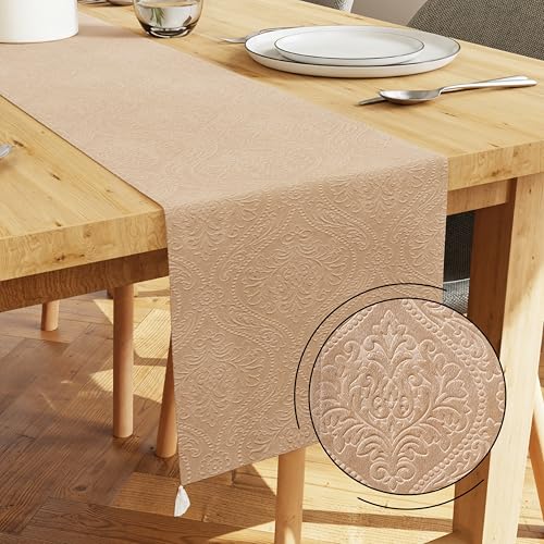 Image of Encasa XO 8 Seater Dining Embossed Velvet Table Runner | Size 32x240 cm | Beige Color with Premium Polyester - Machine Washable