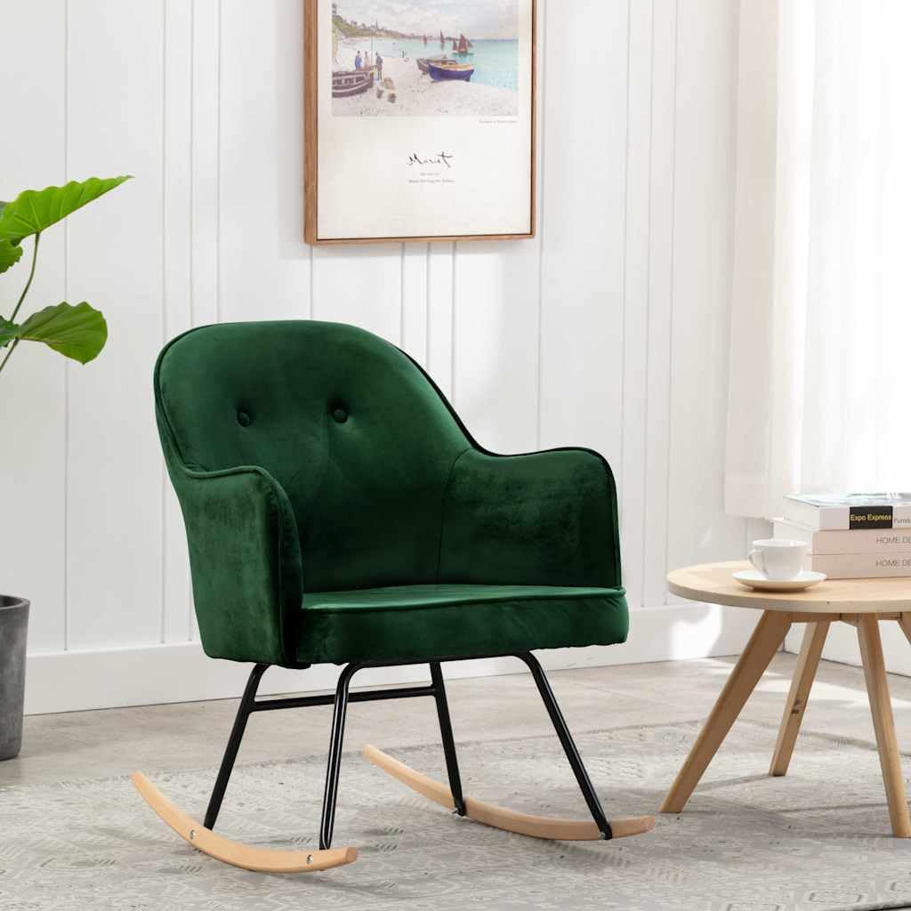 Mecedora de terciopelo verde oscuro con patas de madera de haya y estructura de hierro pulverizado, 60 x 74 x 84 cm, asiento acolchado, silla balancín ergonómica para salón, dormitorio
