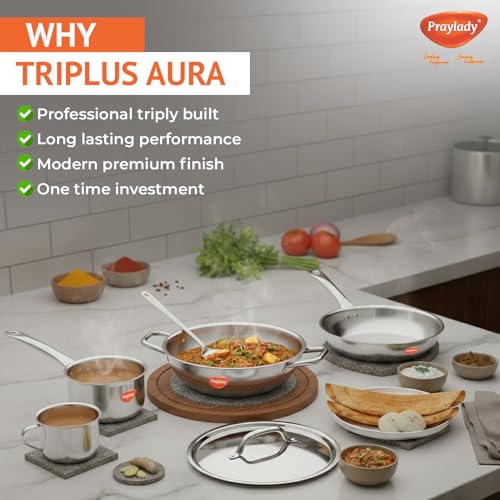 Praylady Triplus Aura Triply Stainless Steel Cookware Set (4 Piece) | 2.5mm Thick with 3 Layer | 24cm Kadai with Lid, 22cm Fry Pan, 16cm Saucepan |... - Image 5
