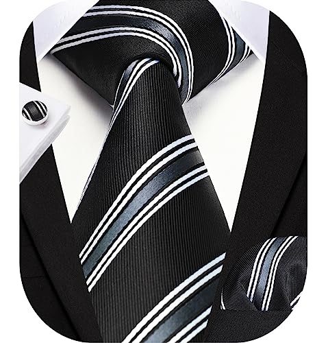 Image of HISDERN Mens Ties Set Stripe Plaid Ties for Men and Pocket Square Cufflinks Formal Silk Necktie Wedding Business