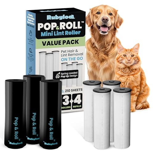 Image of Mini Lint Roller for Pet Hair Extra Sticky (3 Pack + 4 Refill Rolls) - Travel Size Pet Hair Roller with Retractable Cover - Cat & Dog Fur Remover for Clothes