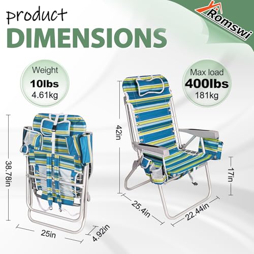 Image of Romswi Tall Beach Chair Extra Wide for Adults, 17 inch High Seat Backpack Beach Chair with Cooler Bag, Cup & Phone Holder, 5-Position High Back Reclining Chair with Towel Bar & Zipper Pocket, Blue Stripes