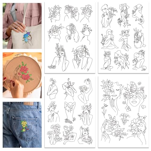 GLOBLELAND 4 Sheets Lady and Flower Water Soluble Stabilizer Hand Embroidery Stick and Stitch for DIY Sewing Embroidery Adhesive Hand Sewing Stabilizers 11.7x8.3inch