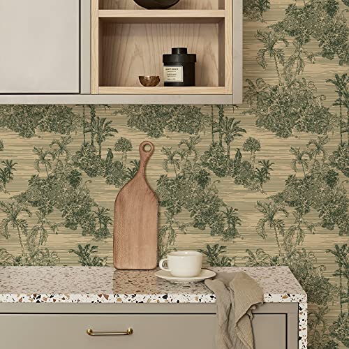 Jiffdiff Tropical Peel And Stick Wallpaper Forest Sketch Vintage Vinyl Wall Paper For Bedroom Cabinet, Removable Trees Nature Wallpaper Green Self-Adhesive Wall Decor 17.3"X393.7" #TOP4