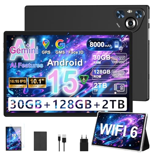 Dghrti 2026 Tablette Tactile Android 15 10 Pouces, Écran IPS HD, 30Go RAM et 128Go + Extensible 2To, Octo-Core et 8000mAh, WiFi 6, Widevine L1-5+8MP - Châssis en...