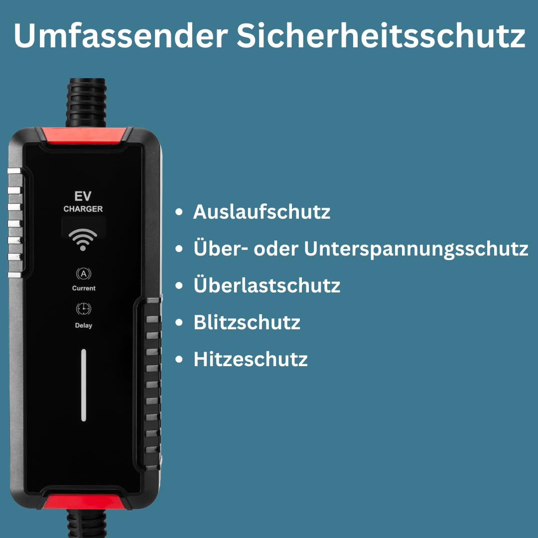 Tragbares Typ 2 Ladekabel 220V | 16A 1-Phasig 3.6kW, 5m| mit Display & Stromstärkenwahl | 5m Ladegerät mit Schutzfunktionen für Elektroautos | IP54 | EV Charging Cable mit Zeitfunktion