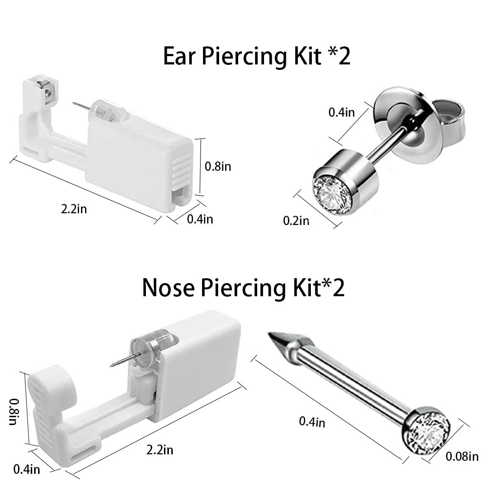 2 Pack Nose Piercing + 2 Pack Ear Piercing Kit, Simple and Safe to Use, Great for Beginners (Silver)