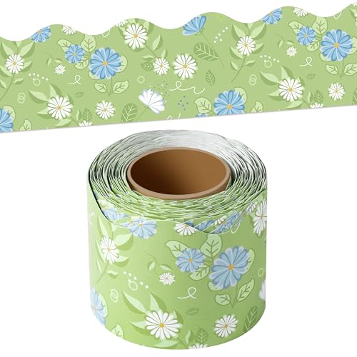 Image of BeYumi Spring Wildflowers Border Trim - 65ft Spring Green Wildflowers Scalloped Rolled Border Trim Daisy Flower Green Wild Floral Bulletin Board Set School Classroom Chalkboard Springtime Party Decor