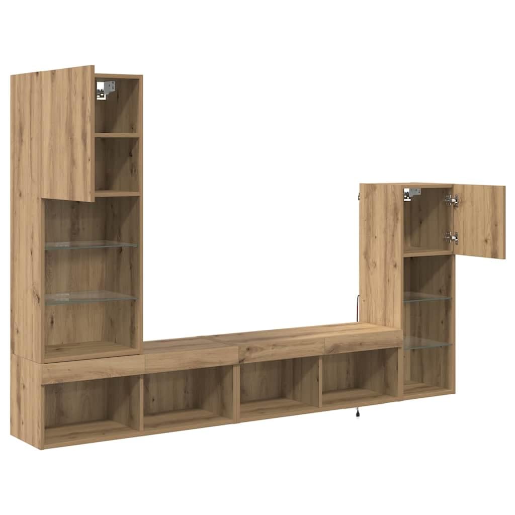 TV-Wandgeräte Wandmontiert 4-TLG Artisan-Eiche Holzwerkstoff mit LED-Beleuchtung 13 Regale 2 Türen Stauraum-Schrank Wohnzimmer Regal-Set Modern Media Center