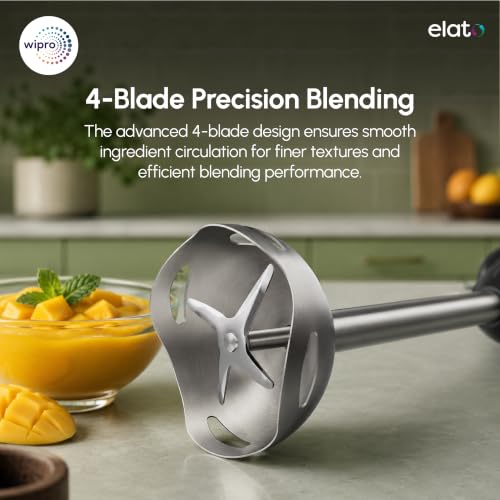 Image of Wipro Elato FMB 204 Hand Blender with Chopper and Whisk|Powerful 200 Watt Copper Motor With Rust Free Steel Arm|3 in1 Multi-functional Mode|Four In One Blade-Churn, Whip,& Blend|Black|2- Year Warranty