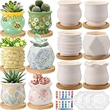 Leitee 15pcs Flower Pots 3 Inch Paint Your Own Ceramic Pot Craft Kit Ready-to-Paint Small Succulent Pots Bulk with Drainage Hole Paint Set Mini Paintable Plant Vase for Spring Birthday DIY Gift