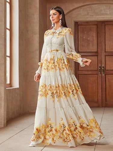 Image of TOLEEN Summer Casual Dresses for Women 2024 Spring Fashion Boho V Neck Long Sleeve Ruffle Floral Print Elegant Maxi Dress