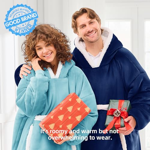 JOYWOO Turquoise Teal Wearable Blanket Hoodie, Oversized Cat Lovers Sweatshirt Blanket for Adult & Teens, Birthday Gifts for Women Men Mom Girl Boys,Cozy Sherpa Fuzzy Blanket Giant Pocket Gifts,Small