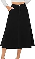 HUSKARY Women's High Waisted Stretchy A-Line Midi Denim Skirt with Pockets - Flared Below Knee Jean Skirt