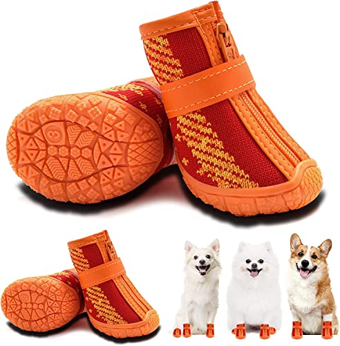 Image of KUTKUT Small Dog Anti-Slip Boots With Reflective Straps - Soft Mesh Breathable Adjustable Puppy Shoes - Paw Protective Booties With Zipper for Small & Medium Dogs - 4Pcs Orange