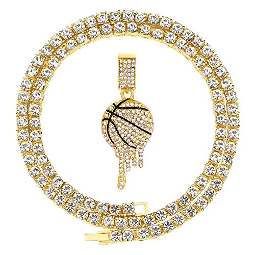 HH Bling Empire Mens Iced Out Hip Hop Silver Gold Artificial Diamond NBA Basketball Related Pendant cz Tennis Chain Necklace 22 Inch (Dripping Basketball -Gold, with Tennis)