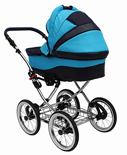 SKYLINE Klassisch Retro Stil Kombi-Kinderwagen Buggy 3in1 Reise System Autositz (Isofix) (Blau/14"Luft Bereifung)