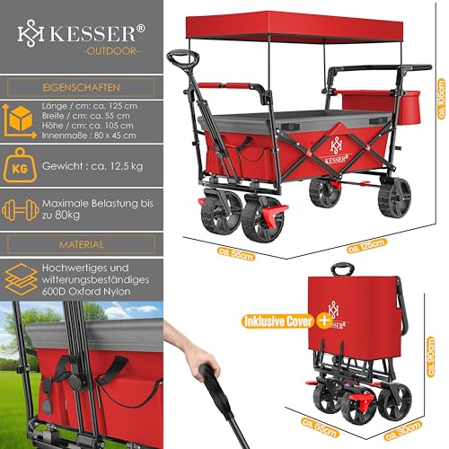 KESSER® Bollerwagen faltbar GT9000 mit Dach Handwagen Transportwagen mit Schloss & Cover | 2X 3-Punkt Gurtsystem | klappbar | Vollgummi-Reifen | bis 80 kg | Vorder- & Hinter-Bremse, Rot/Grau – Bild 5