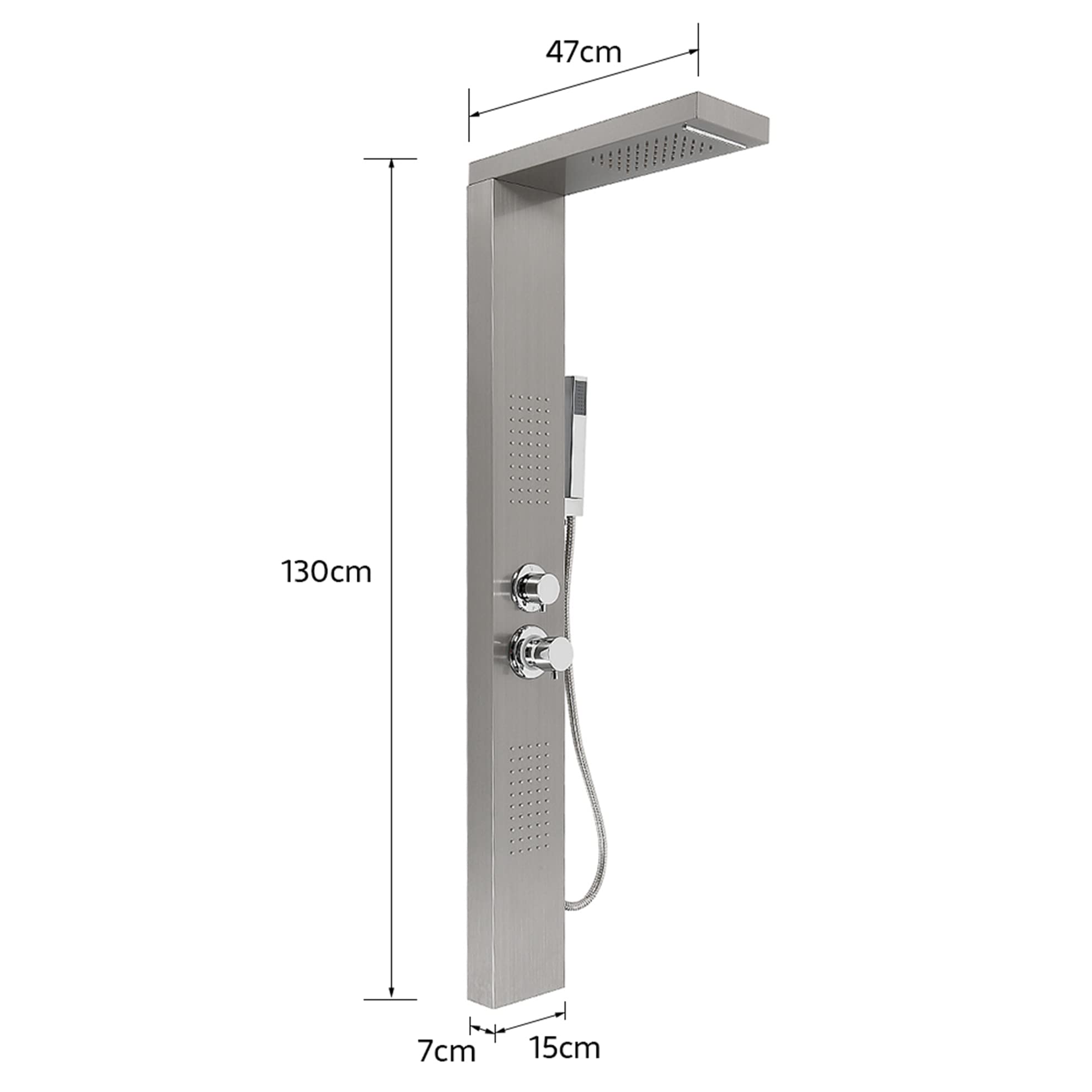 MINGYI Colonne de Douche Hydromassante, avec Douchette et Pommeau, 4 Modes de Douche, Connecteur DIN Standard 1/2'' (Argent, 15×130 cm)