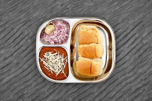 Image of Vinod Stainless Steel 3-Compartment Plate /Heavy Guage Pav Bhaji Plate /Idli Sambhar Breakfast Plate /Stainless Steel Plates for Lunch /Dinner, Set of 01